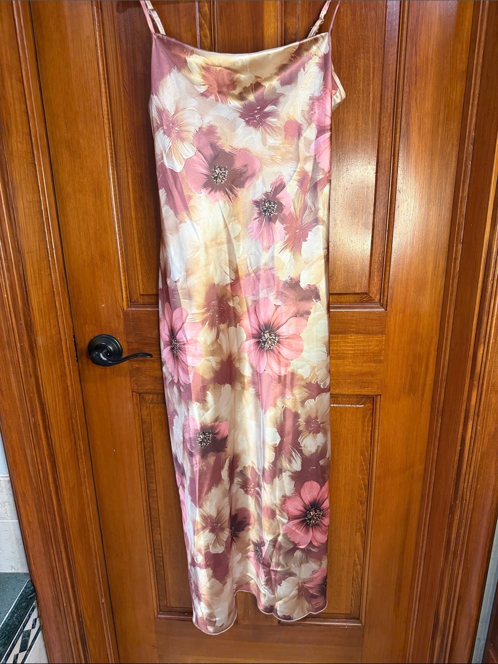 bebe Pink and Cream Floral Satin Maxi Slip Dress